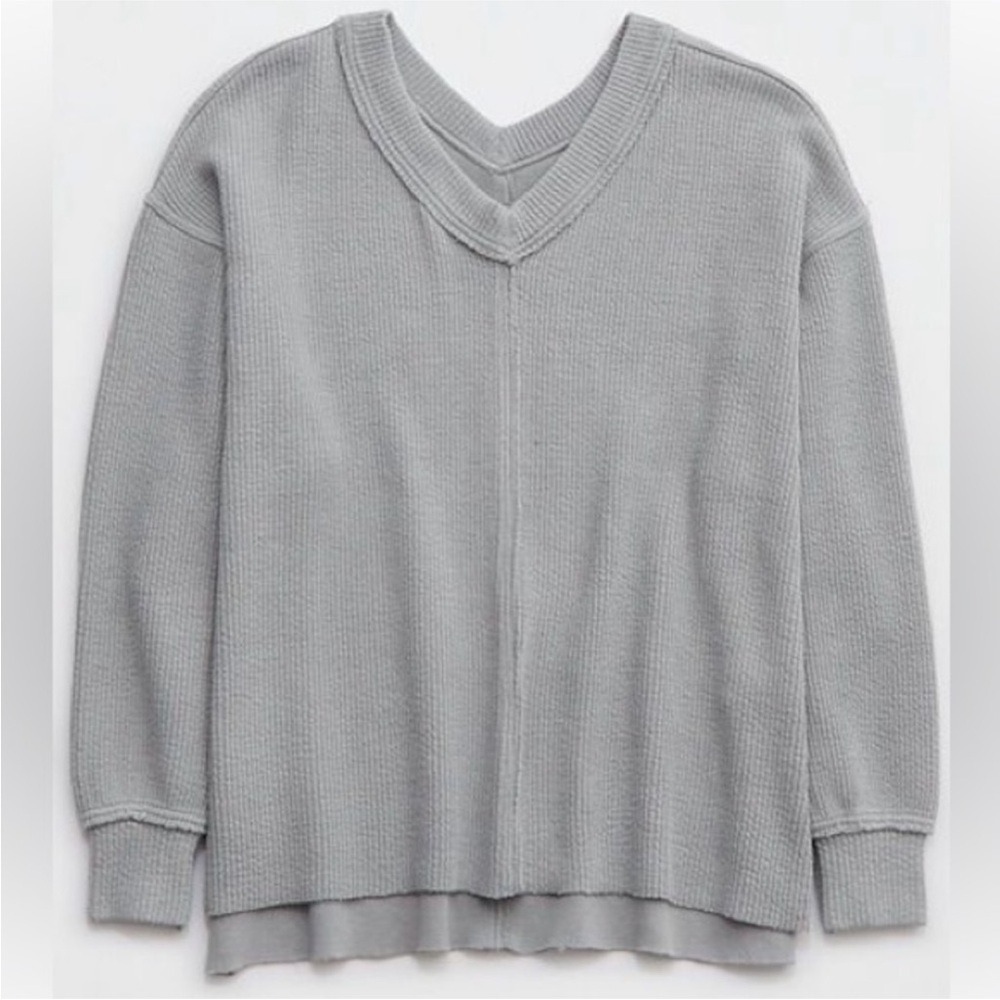 Aerie Wonder Textured V-Neck Sweater Size Medium Gray Ribbed Oversized